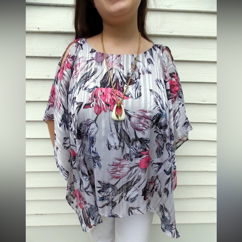 Jennifer Lopez Floral Cold Shoulder Blouse - Pink, Black, Blue